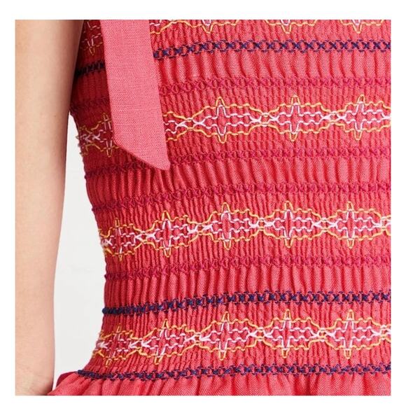 Cara Cara NYC Jenny Hibiscus Linen Smocked Tie Shoulder Midi Dress Size S - Picture 3 of 16